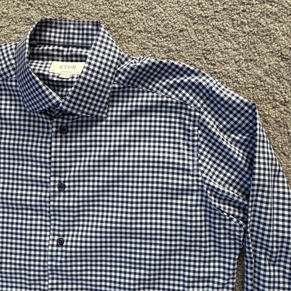 Eton Fit Dress Shirt Men's Sz. L - 42 / 16 1/2 - Blue White Gingham Pattern- EUC - Picture 3 of 15
